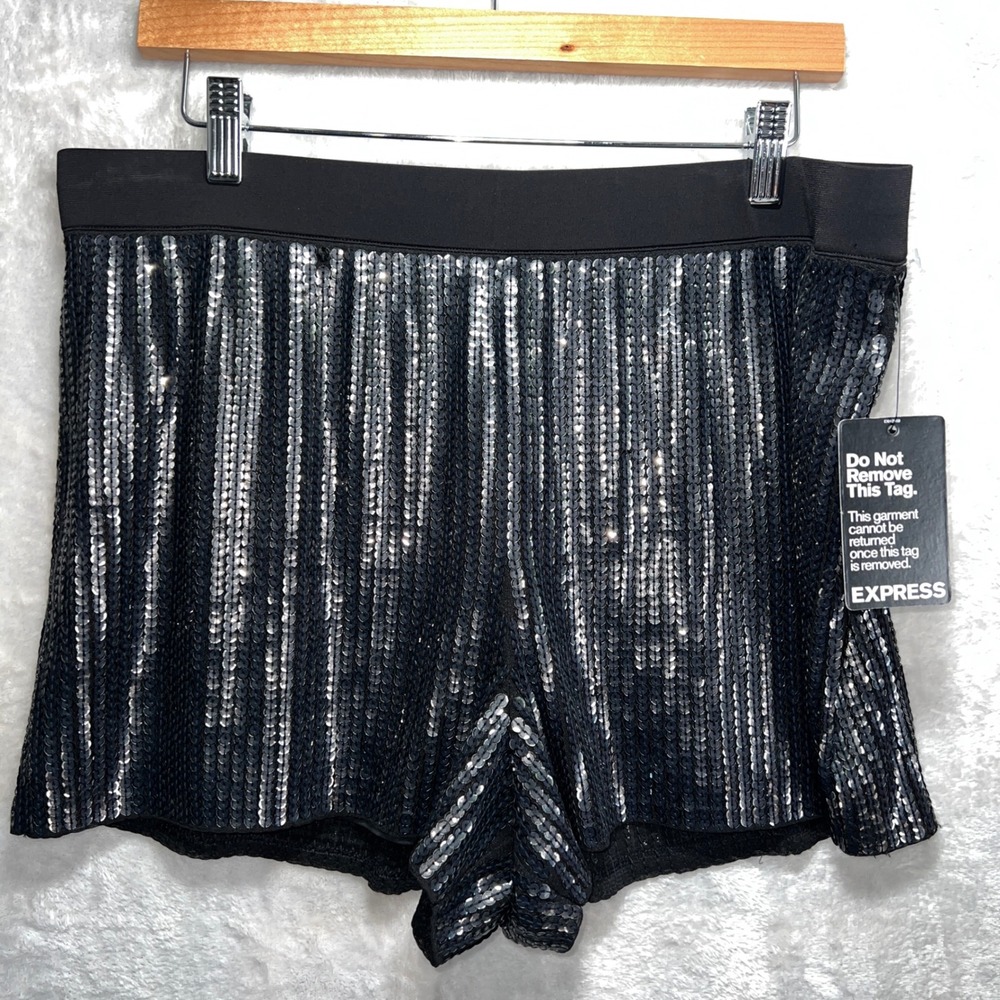 EXPRESS Black Sequin Shorts Womens Large‎ Stretch Party Holidays Clubwear NEW